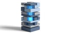 Abstract tower of interlocking blocks with glowing blue cubes on white background geometric Royalty Free Stock Photo