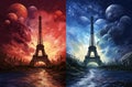 abstract tower Eiffel double red and blue background wallpapers, in the style of photo realistic details Royalty Free Stock Photo