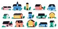 Abstract town buildings. Doodle city houses with tiny roofs, windows and small brick elements. Urban architecture