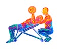 Abstract trainer helps a man to train his chest with dumbbells on the bench press