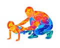 Abstract trainer helps a young boy do push-UPS from the floor. Physical education classes. Children Fitness