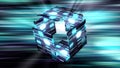 Abstract transforming 3d cube made of blue and turquoise tiles. Motion. Glowing striped moving background with a 3D