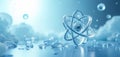 Abstract transparent atomic structure floats on water surface with ice and bubbles. Blue light and clouds create ethereal Royalty Free Stock Photo