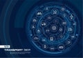 Abstract transportation background. Digital connect system with integrated circles, glowing thin line icons. Royalty Free Stock Photo