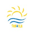 Abstract travel agency logo template. Sun with sea waves in sketchy hand drawn style. Sunrise vacation, holiday logotype