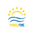 Abstract travel agency logo template. Sun with sea waves in sketchy hand drawn style. Sunrise vacation, holiday logotype Royalty Free Stock Photo