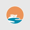 Abstract travel logo with ship and ocean. Ship icon. Cruise, tour, delivery concept, Marine boat. Transportation sign.