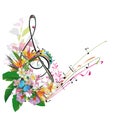 Abstract treble clef decorated with leaves and flowers.