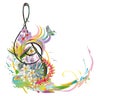 Abstract treble clef decorated with summer and spring flowers, palm leaves, notes, birds.