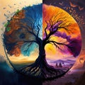 Abstract Tree of All Seasons illustration. Colorful winter, summer, spring, fall. Painting.