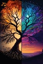 Abstract Tree of All Seasons illustration. Colorful winter, summer, spring, fall. Painting.