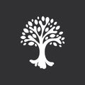 Abstract tree with leaves, life symbol, mascot white silhouette on black background. Royalty Free Stock Photo