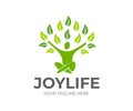 Abstract tree man sitting, happy and joyful, life and positive mood, logo design. Green, ecology and healthy, vector design