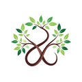 Abstract tree vector logo with intertwined branches and vibrant green leaves on white background Royalty Free Stock Photo