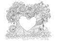 Abstract trees in heart shape line art design for coloring book Royalty Free Stock Photo