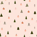 Abstract trendy christmas new year winter holiday seamless pattern with xmas trees balls Royalty Free Stock Photo