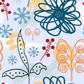 Abstract trendy floral seamless pattern. Flowers and watercolours brushstrokes painted by hand.