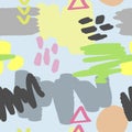 Abstract trendy seamless pattern. Repeated watercolour scribbles, geometric shapes, brush strokes.