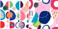Abstract trendy seamless patterns set with hand drawn colorful shapes
