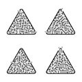 Abstract triangular labyrinth. Black color on a white background. A set of four options. An interesting game for children. Vector