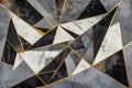 Abstract triangular shapes in gray and black, with sharp edges and contrasting gold lines creating a