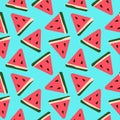 Abstract triangular summer fruits colorful seamless pattern. Sliced watermelon with seeds background