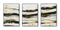 Abstract triptych with black, white, and gold waves.