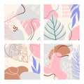 Abstract tropical background with geometric shapes and palm leaves in pastel colors