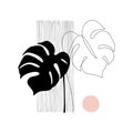 Abstract tropical leaf silhouette and one line drawing, geometric shapes poster in minimal style
