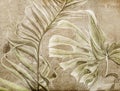 Abstract tropical leaves on concrete grunge wall. Floral background. Royalty Free Stock Photo