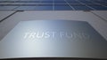 Abstract trust fund signage board. Modern office building. 3D rendering