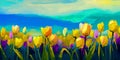 Abstract tulips flowers oil painting. with blue sky background