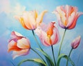 The abstract tulips flowers oil pnting with the blue sky.