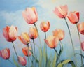 The abstract tulips flowers oil pnting with the blue sky.