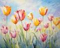 The abstract tulips flowers oil pnting with the blue sky.