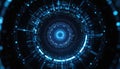 Abstract tunnel with blue glowing circuits data flow, digital eye scanning information. Futuristic network connection, cyber Royalty Free Stock Photo
