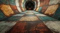 Abstract tunnel with colorful, rusted metal walls and checkered floor. Perspective leads to a dark opening