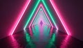 Abstract tunnel with glowing triangular neon lights in pink and green hues. Reflective floor mirrors the vibrant geometric Royalty Free Stock Photo