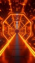 Abstract tunnel with a hexagonal pattern and bright neon lights, giving an impression of endless depth.