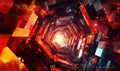 Abstract tunnel of light and color, vibrant hexagonal patterns, glowing edges, deep perspective, cosmic atmosphere