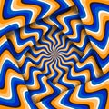 Abstract turned frames with a rotating blue orange curved stripes pattern. Optical illusion hypnotic background