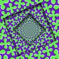 Abstract turned frames with a rotating green purple cruciform shapes pattern. Optical illusion hypnotic background