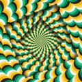 Abstract turned frames with a rotating green yellow wavy pattern. Optical illusion background