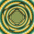 Abstract turned frames with a rotating green yellow wavy pattern. Optical illusion hypnotic background