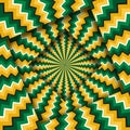 Abstract turned frames with a rotating green yellow zigzag pattern. Optical illusion background