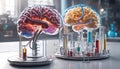 abstract two stylized brain on a table linked with sparks and intricate glass tubes