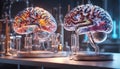 abstract two stylized brain on a table linked with sparks and intricate glass tubes