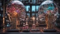 abstract two stylized brain on a table linked with sparks and intricate glass tubes