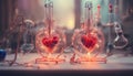 abstract two stylized hearts on a table linked with sparks and intricate glass tubes