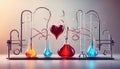 abstract two stylized hearts on a table linked with sparks and intricate glass tubes